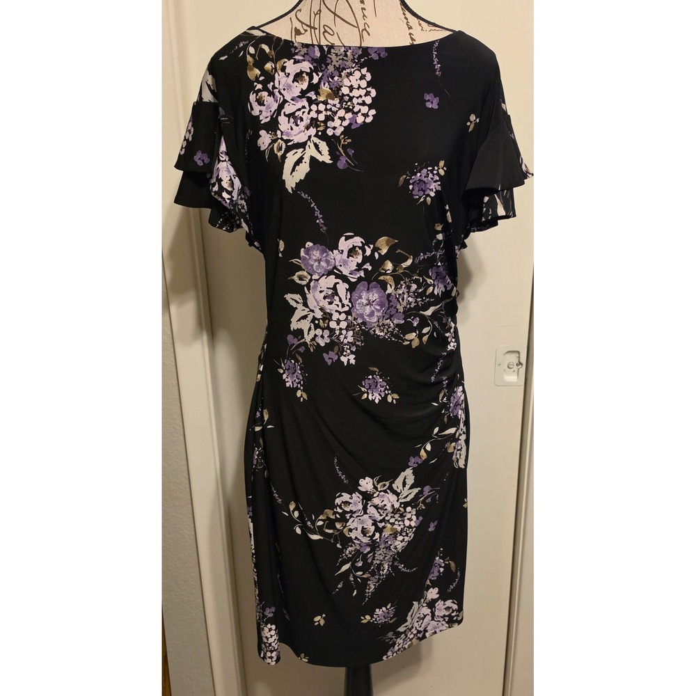 Lauren Ralph Lauren Black Purple Floral Ruffle Sleeve Ruched Sheath Dress 12